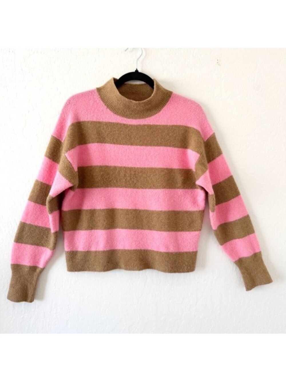 J.CREW BRIGHT PINK & BROWN RUGBY STRIPE MOCKNECK SWEATER EXTRA SOFT SIZE SMALL